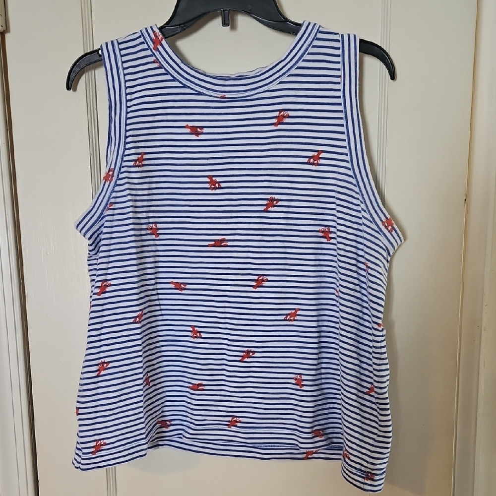 LOFT Blue and White Striped Top with Red Dots